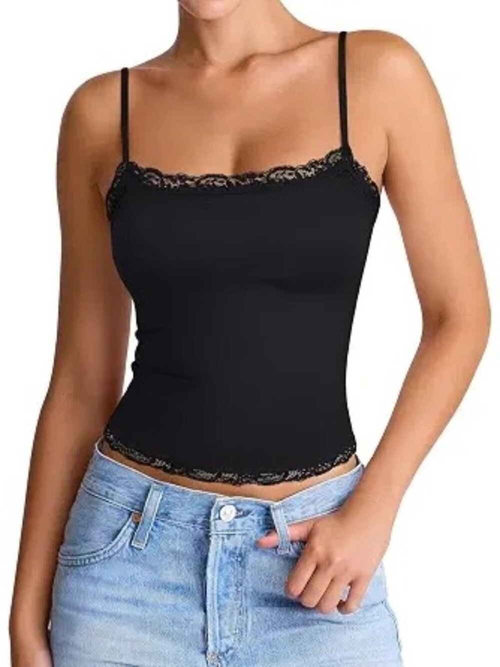 Pinkmstyle Lace trimmed Cami Tank Top Black Large New with tags Layering